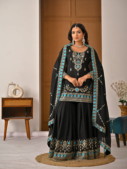 
Black party wear embroidered sharara suit for women with designer dupatta
