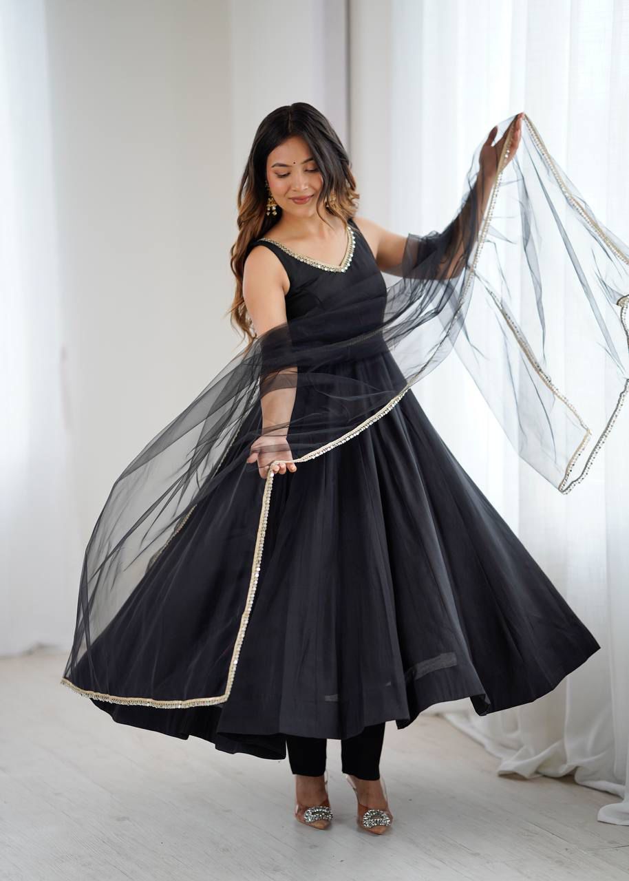 Black flared Anarkali suit with dupatta in Roman silk Chanderi fabric
