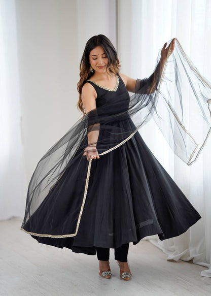 Black flared Anarkali suit with dupatta in Roman silk Chanderi fabric