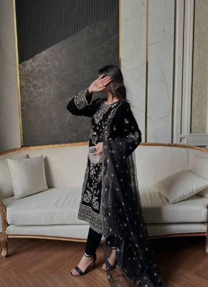 Fully stitched black Korean satin silk suit set with matching pant and dupatta