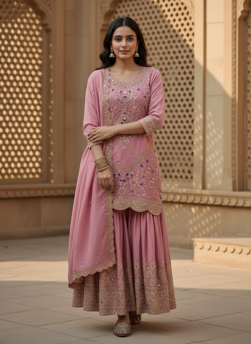 Close up of blush pink anarkali gown embroidery and fabric