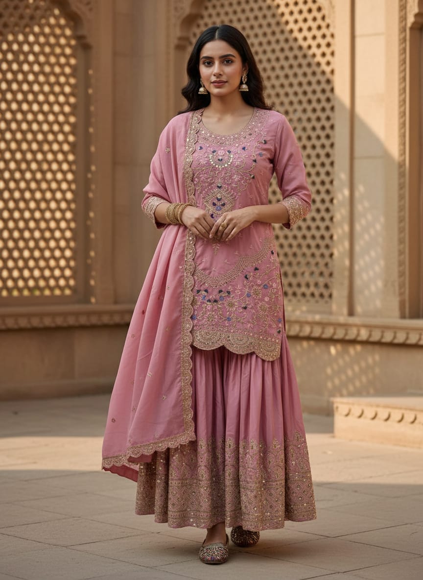 Blush pink embroidered anarkali gown set front view for wedding wear