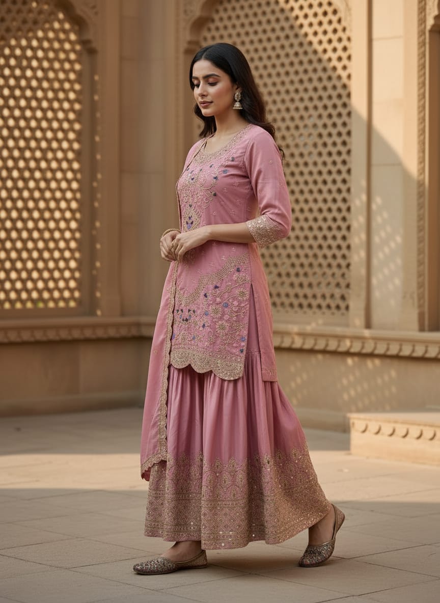 Blush pink anarkali gown side view with dupatta