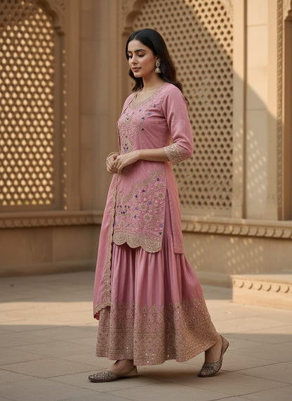 Blush pink anarkali gown side view with dupatta