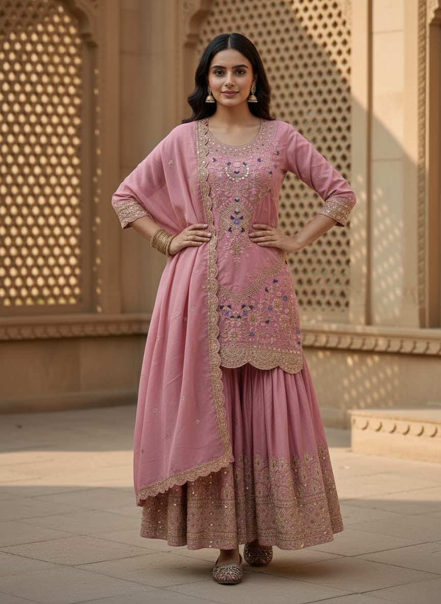 Blush pink anarkali gown close up view with elegant design