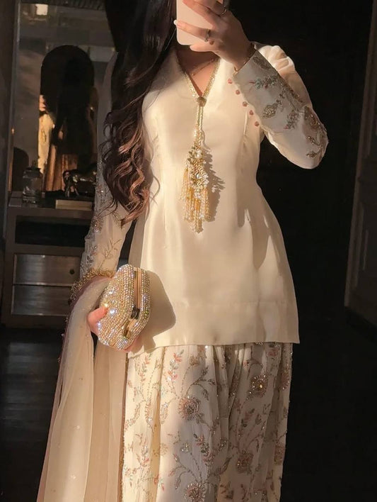 Cream anarkali kurti with palazzo set front view for women festive wear