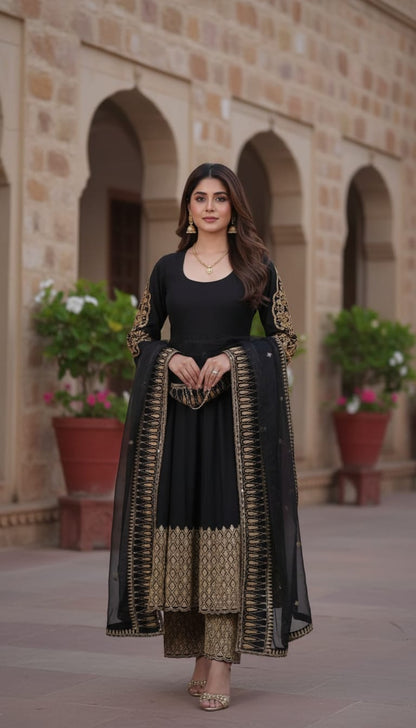 Designer black Anarkali suit with sequence embroidery work, pant and dupatta set