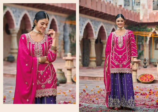 Close-up of embroidery and coding sequence work on chinnon silk kurti with elegant lace border dupatta