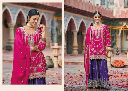 Close-up of embroidery and coding sequence work on chinnon silk kurti with elegant lace border dupatta