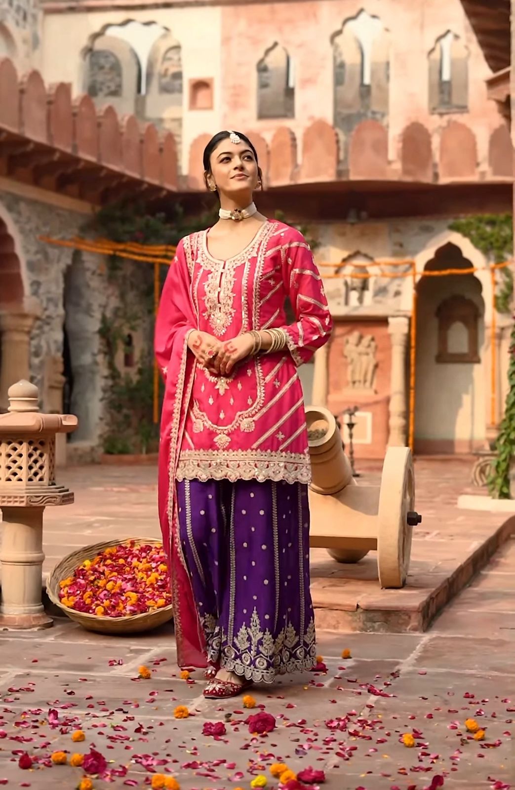 Premium designer Chinnon silk ready-made suit set with heavy embroidery and coding sequence work, front view