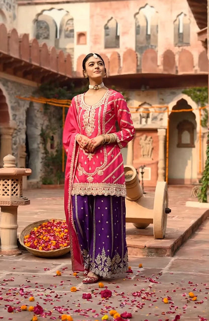 Premium designer Chinnon silk ready-made suit set with heavy embroidery and coding sequence work, front view