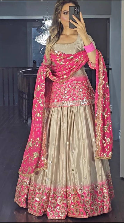 Designer chinon top lehenga set with digital print, sequence embroidery and zari work front view for wedding and festive wear