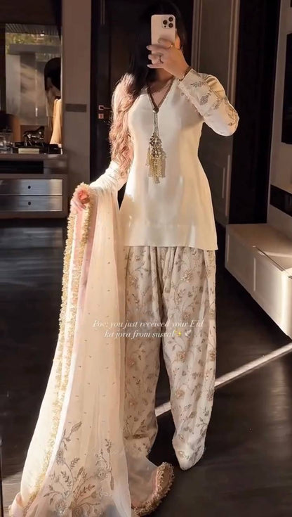 Designer cream suit with dupatta elegant indian traditional outfit