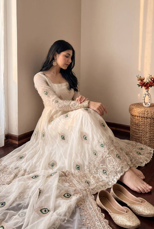 Designer embroidered Fendy silk gown with matching dupatta