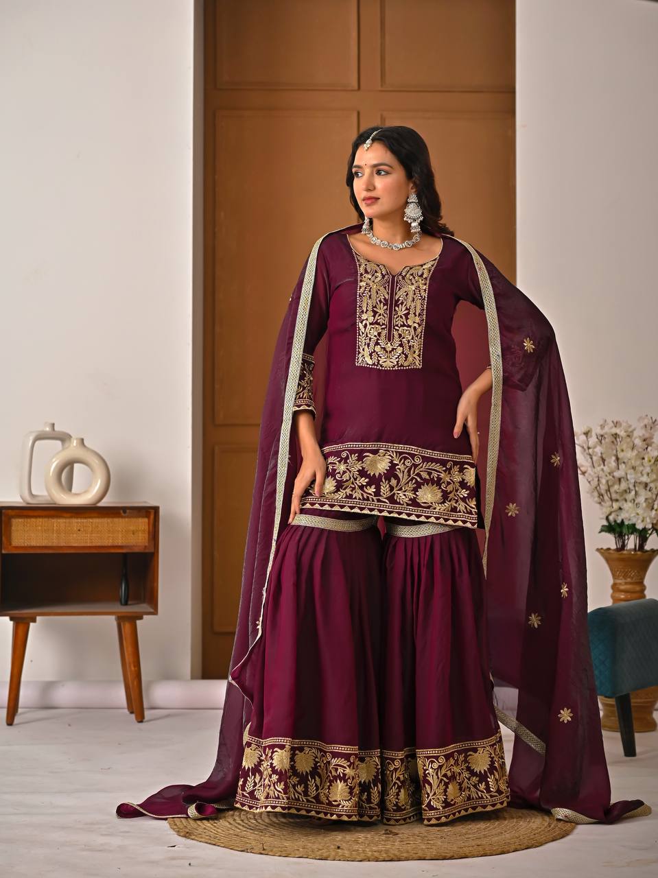 Designer heavy Fendy silk sharara palazzo suit for women side view
