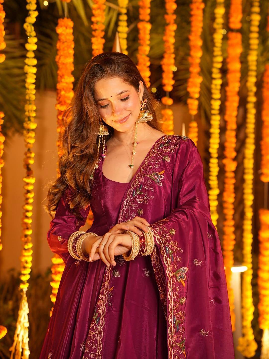 Designer maroon anarkali suit with embroidery work for women