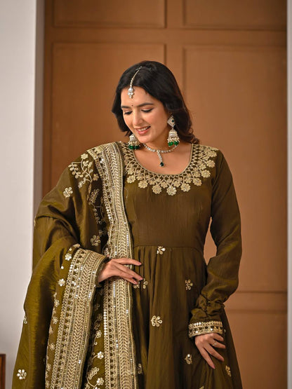 olive green Anarkali suit for wedding and festive occasions