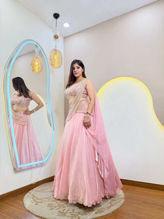 Designer pink fandy organza lehenga with handwork waist belt and elegant flare