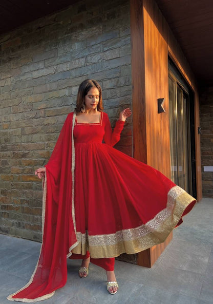 Red color designer anarkali suit with golden border and dupatta