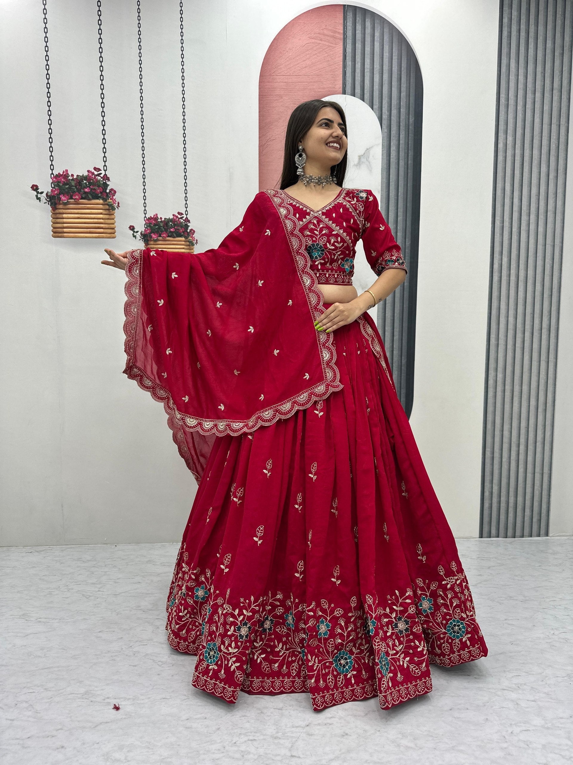 Designer red lehenga choli with heavy embroidery work for women