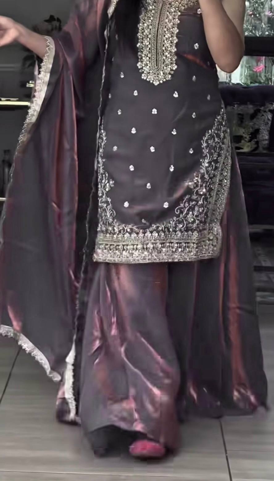 Designer Fandy Silk Sharara Suit with four side lace border dupatta traditional wear