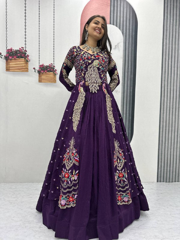 Designer pure Vichitra lehenga choli with heavy thread and sequence embroidery front view