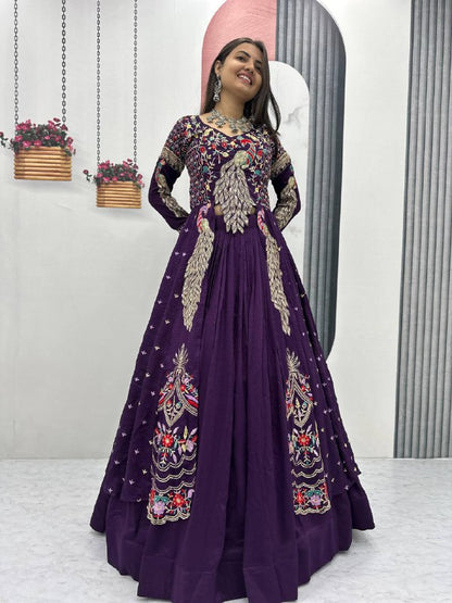 Designer pure Vichitra lehenga choli with heavy thread and sequence embroidery front view