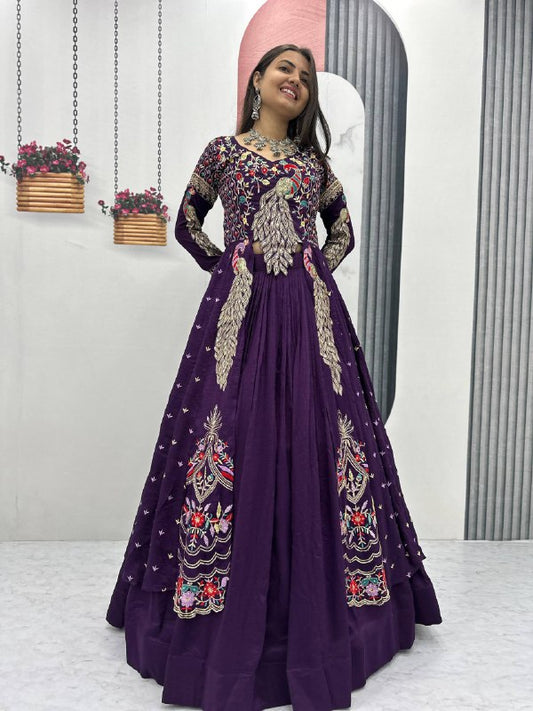 Designer pure Vichitra lehenga choli with heavy thread and sequence embroidery front view