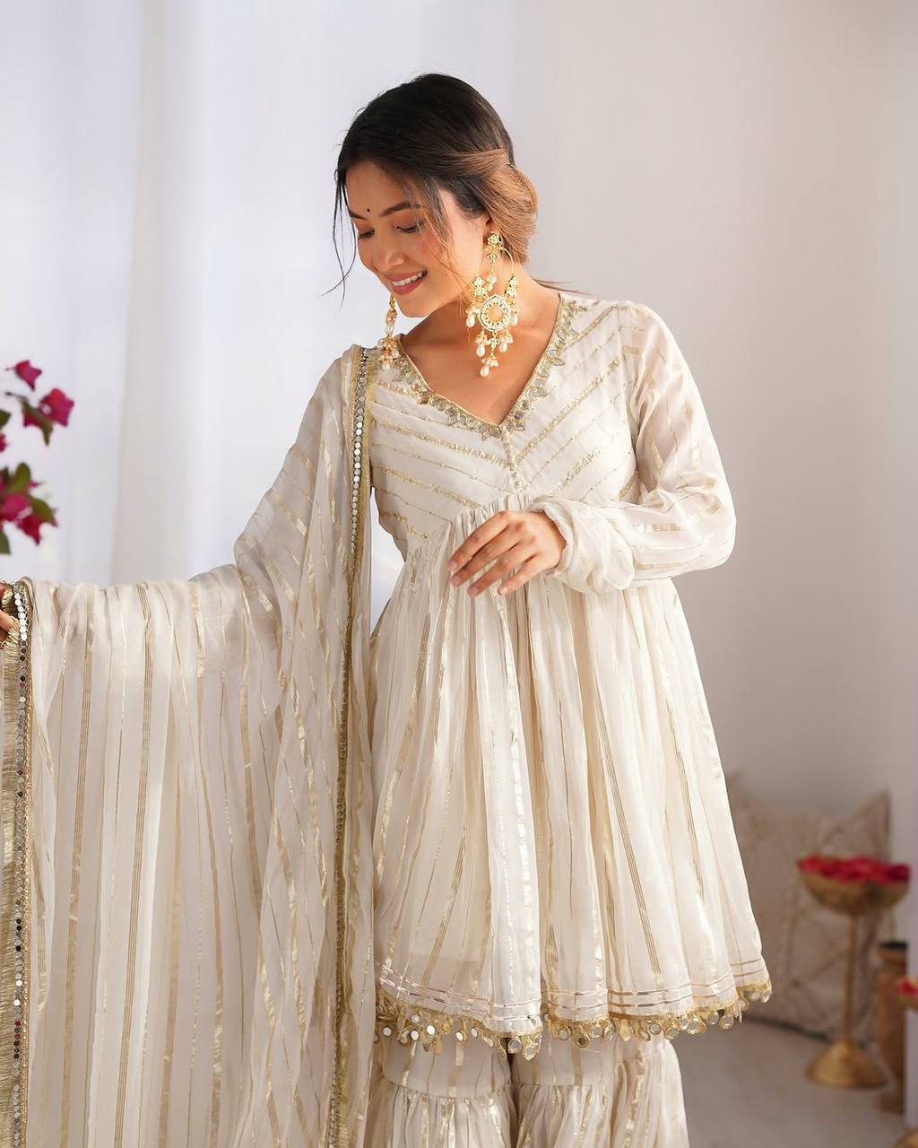 Designer white sharara suit close-up view showcasing ethnic styling and festive elegance for women