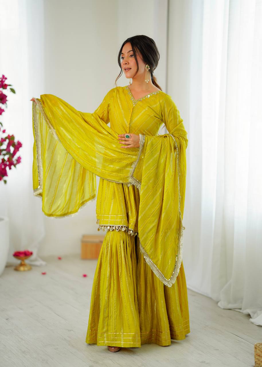 Designer yellow sharara suit close-up showcasing golden detailing and festive elegance for women