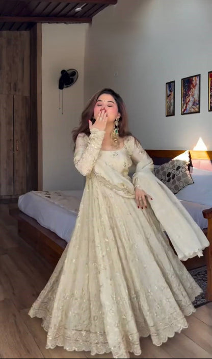 Beautiful cream Anarkali dress with heavy embroidery
Indian festive wear cream Anarkali gown for women
Floor length cream Anarkali gown with dupatta set