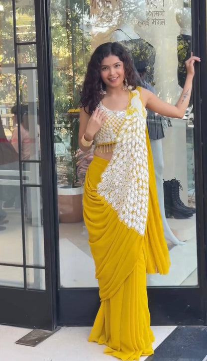 Latest Designer Ready to Wear Saree in Faux Georgette with Heavy Embroidered Stylish Blouse – Trendy Party Wear & Wedding Collection