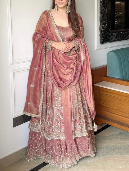 Dusty pink embroidered gown lehenga set with crunchy silk fabric and designer dupatta for wedding wear