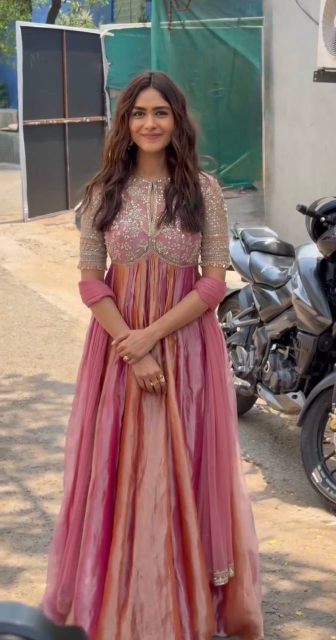 Dusty pink and peach designer embroidered gown front view