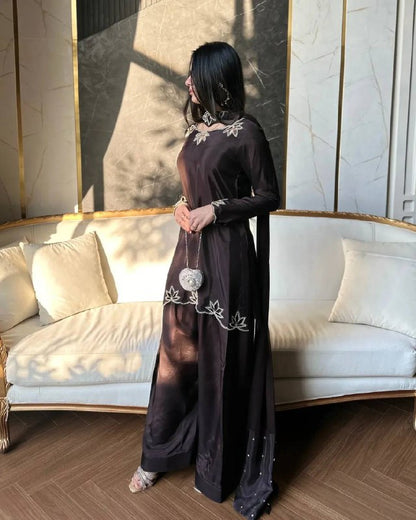 Side view of designer natural crepe suit with elegant embroidery and fully sleeves