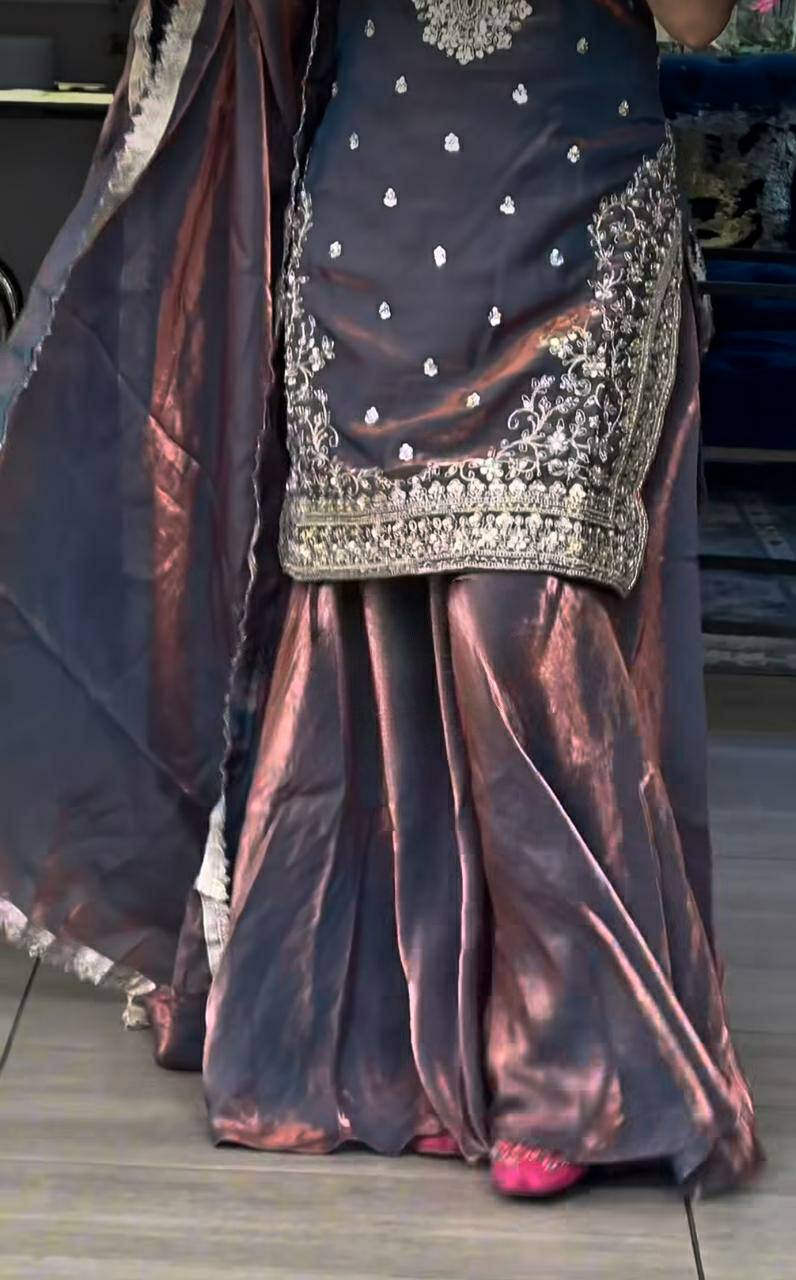 Embroidered Heavy Fandy Silk Sharara Suit with dupatta full look party wear for women