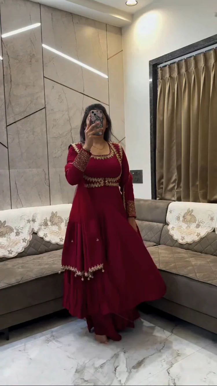 Premium embroidered Roman silk suit with dupatta for women, stylish ethnic wear