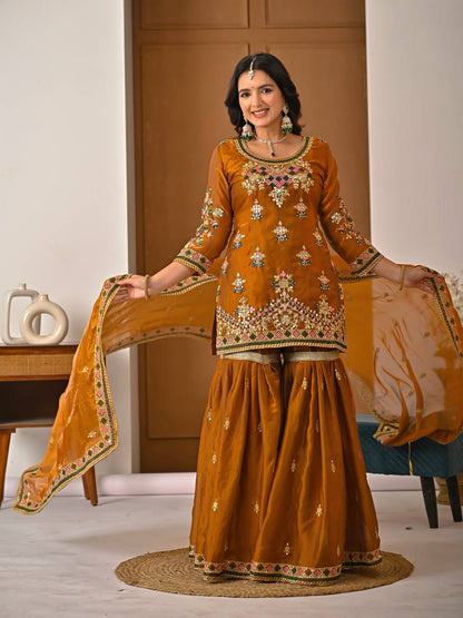 Fully stitched embroidered sharara suit with palazzo and dupatta