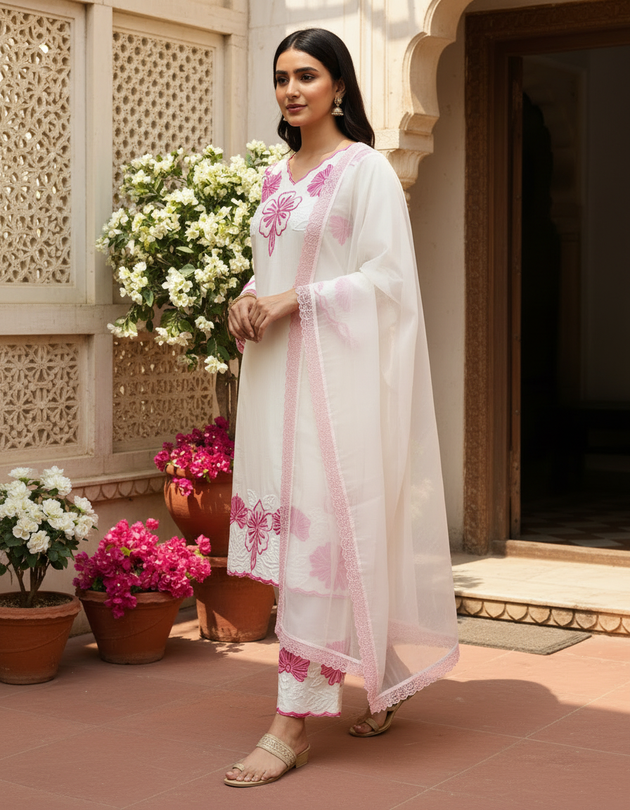 Embroidered white kurta set for women festive wear ethnic outfit