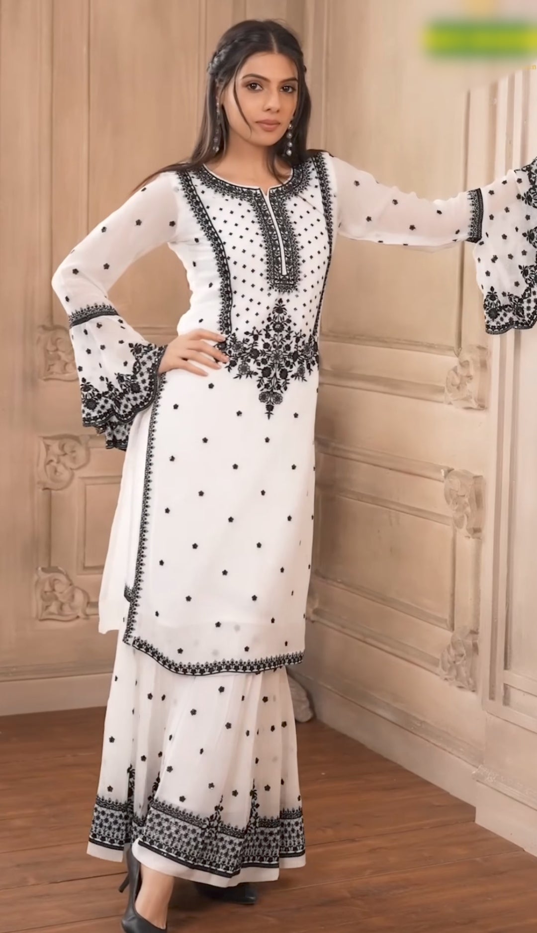 Designer White Black Sharara Suit with Heavy Embroidery | Party Wear Sharara Set