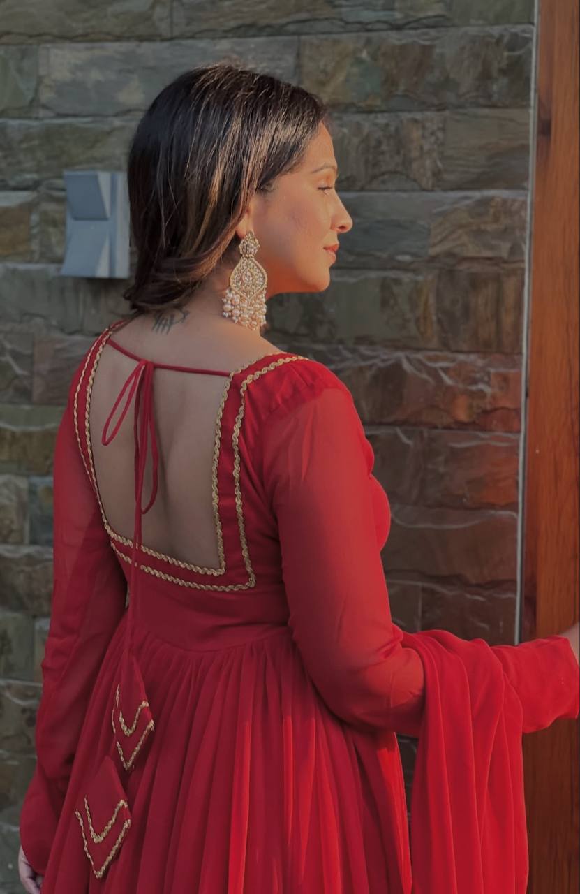 Party wear red anarkali suit with elegant dupatta for women