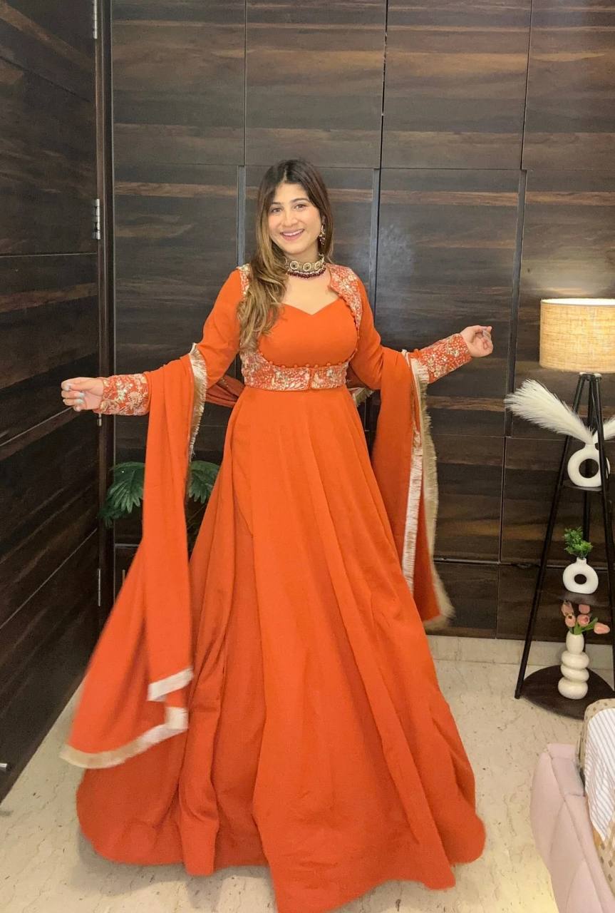 Side view of embroidered Faux Georgette Maxi Anarkali dress with fully sleeves and elegant flare