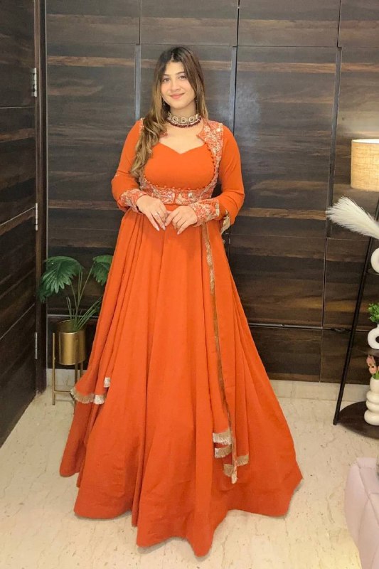 Faux Georgette Maxi Anarkali Suit Set front view with multi-needle embroidery work and 5 meter flair