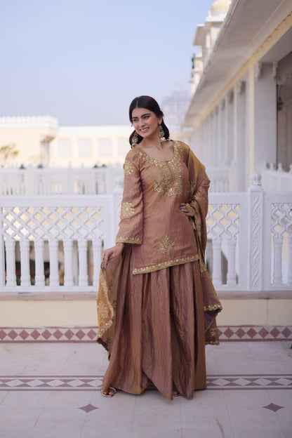 Fendi crush sharara suit with dupatta side pose