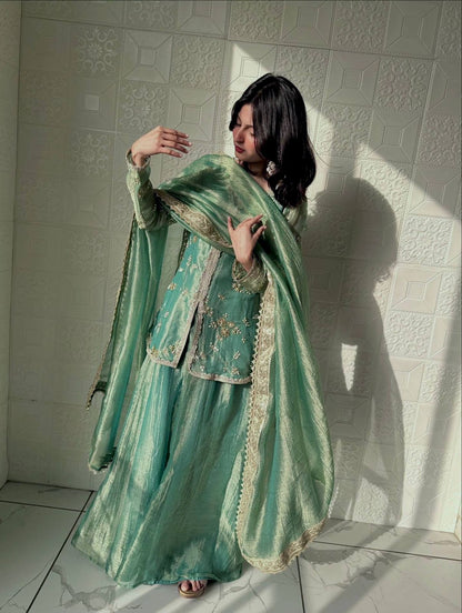 Fendi silk dupatta with four side embroidery and lace border design