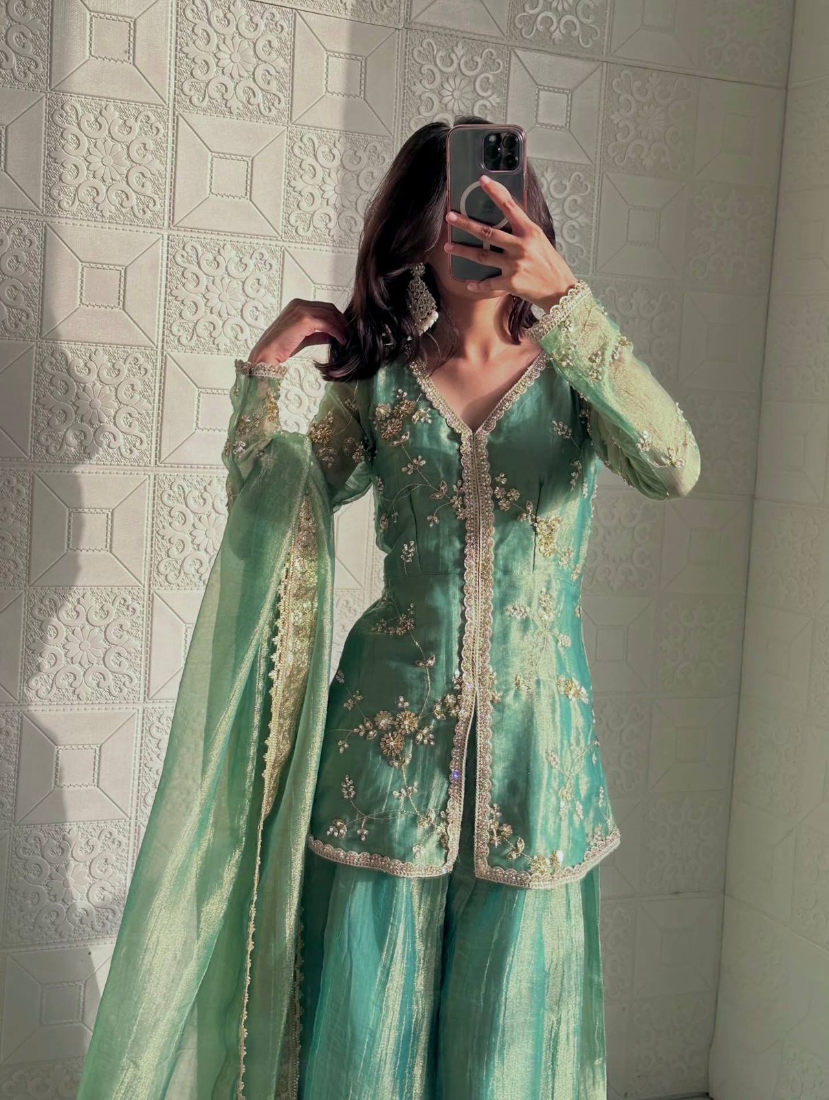 Premium Fendi silk top plazzo dupatta set with heavy embroidery front view