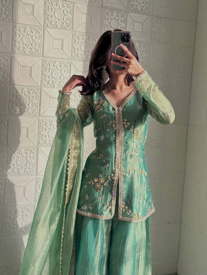Premium Fendi silk top plazzo dupatta set with heavy embroidery front view