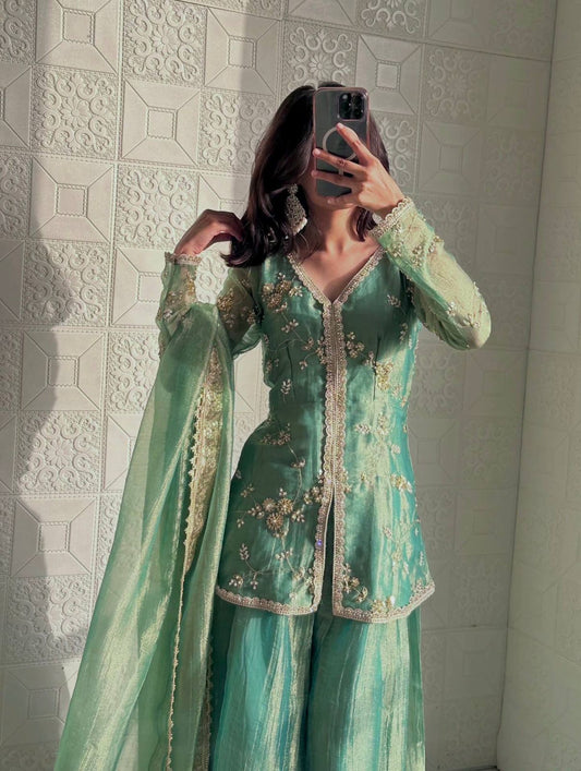Premium Fendi silk top plazzo dupatta set with heavy embroidery front view