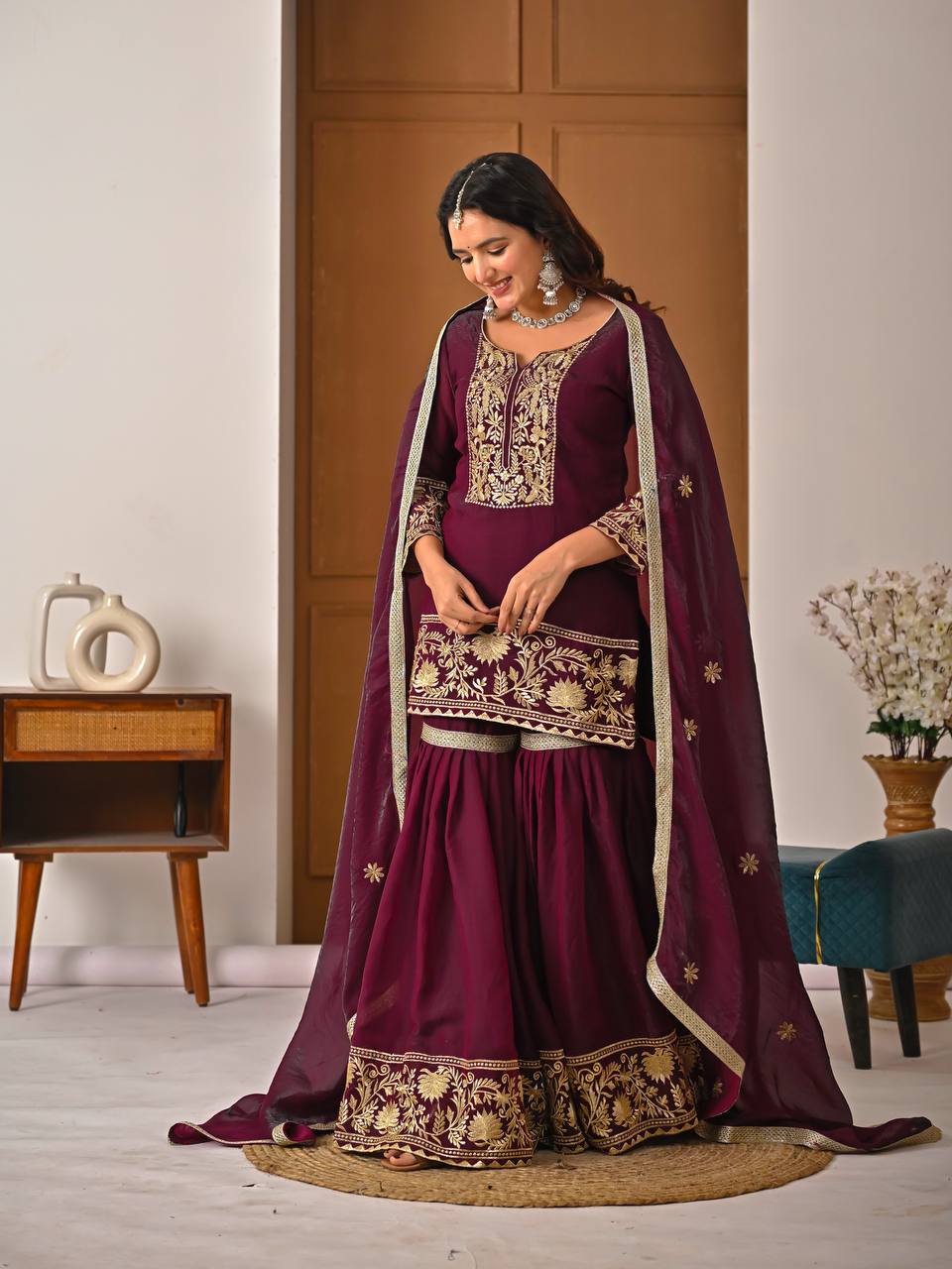 Fully stitched embroidered Fendy silk sharara suit set with dupatta