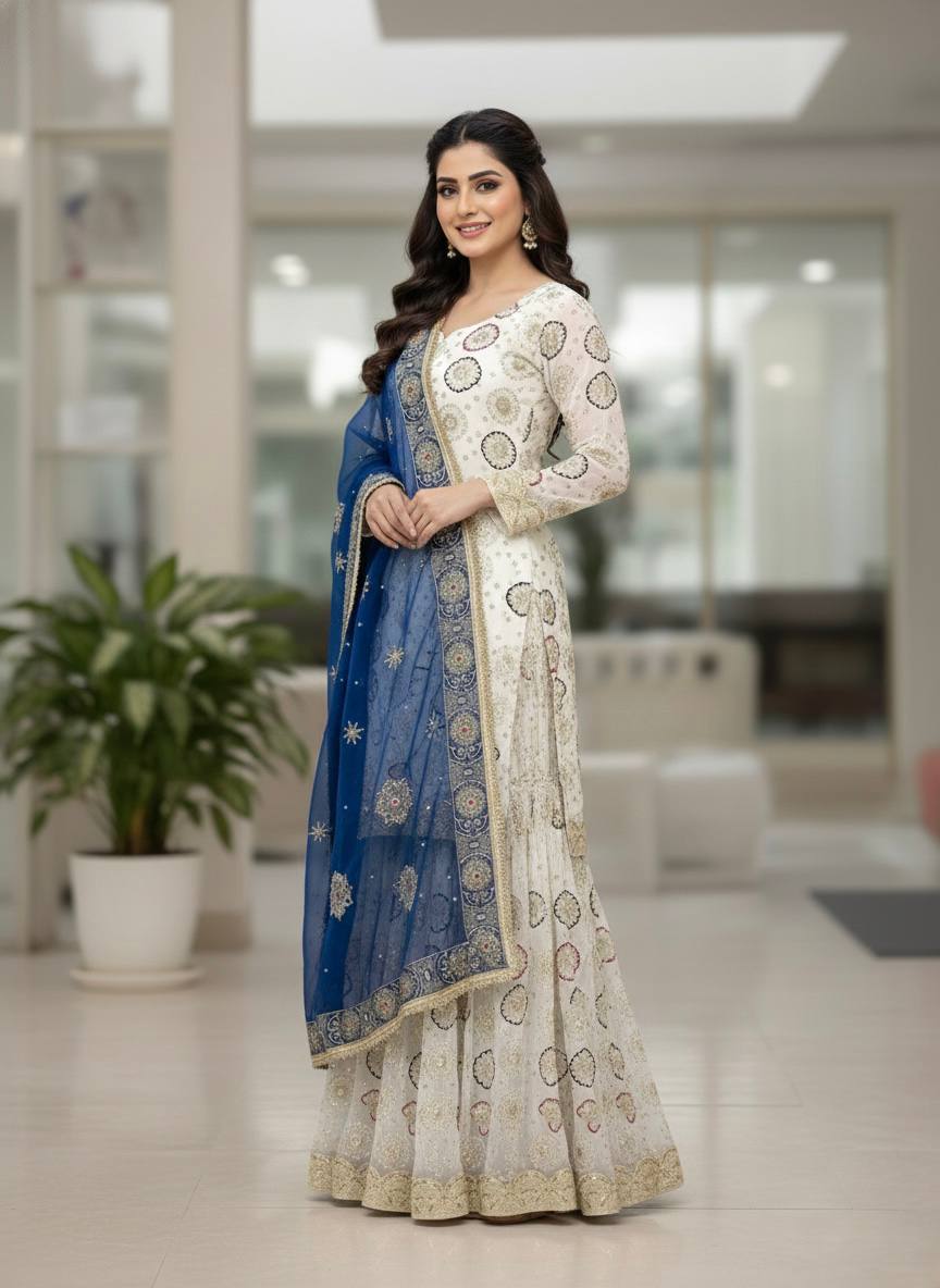 Festive and wedding wear ivory kurta sharara with blue dupatta